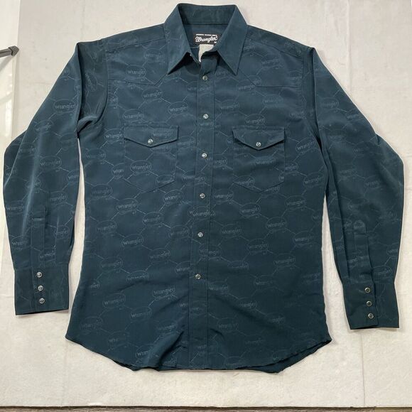 Vintage Wrangler Mens Medium Green Pearl Snap All Over SpellOut Western Shirt - Picture 3 of 6